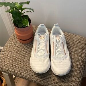 New Balance White and Gold Athletic Shoes Minimalist Design